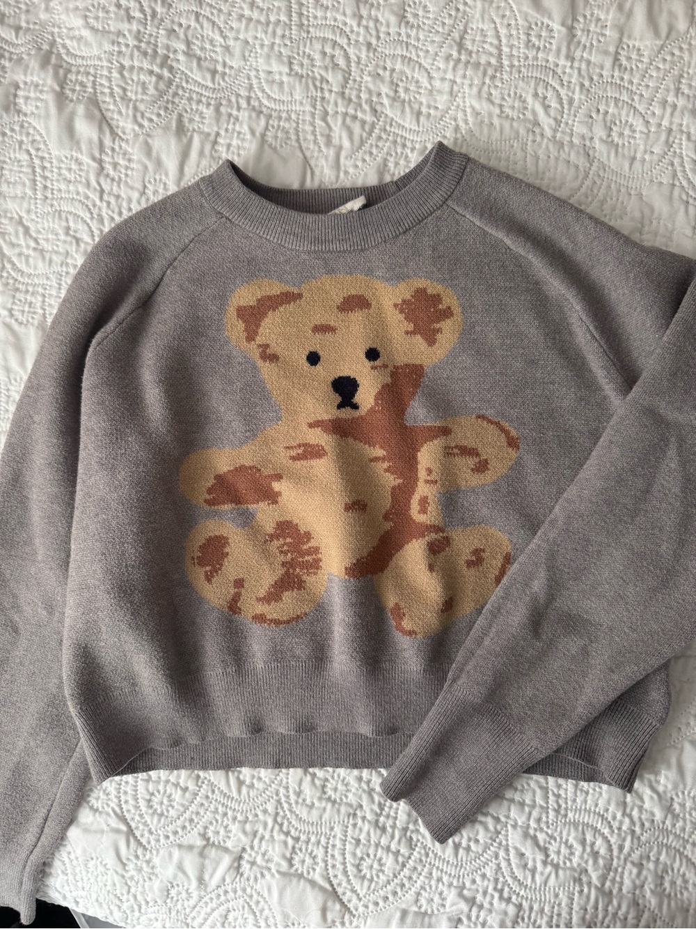 Hippie Rose Gray Sweater with Beige & Brown Teddy Bear Motif
